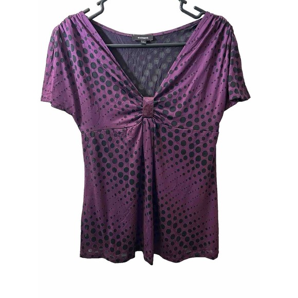 Express-Purple With Sheer Black-Polka Dot-Blouse-Split Shoulder-V Neck-Small-Use - Picture 3 of 10